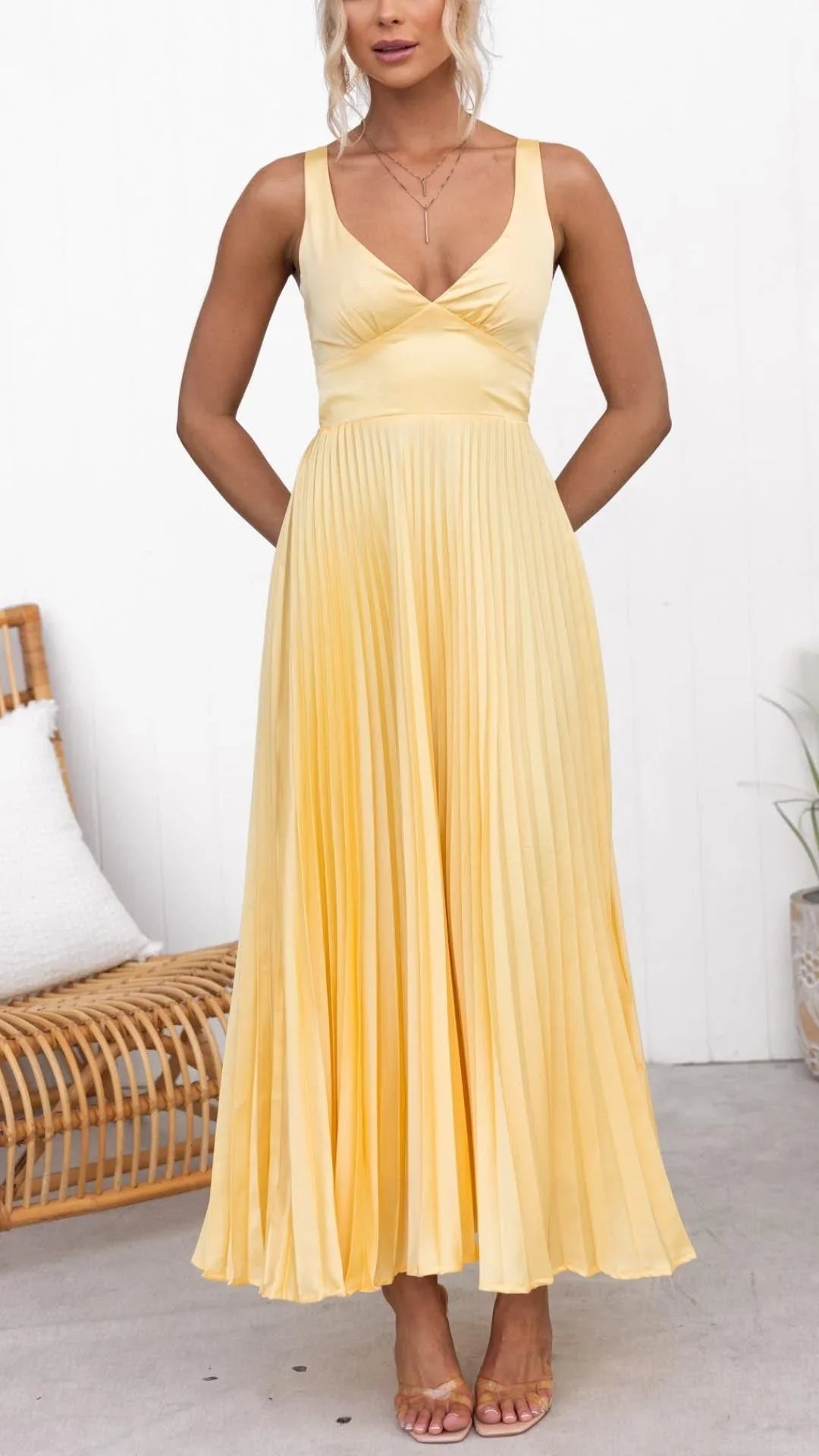 Abby - Yellow Pleated V-Neck Maxi Dress