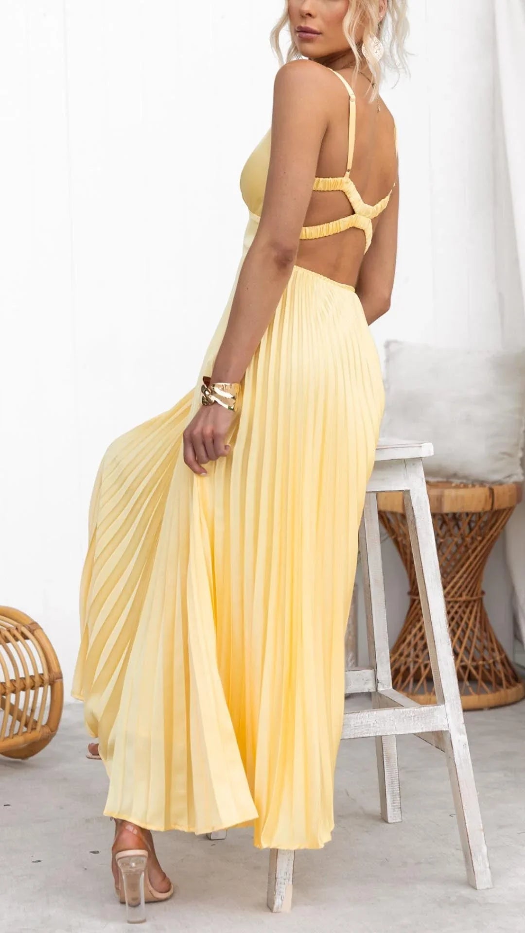 Abby - Yellow Pleated V-Neck Maxi Dress